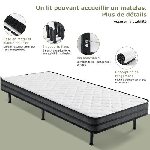 Lit 90x200 Cm, Lit D'appoint Pliable, sommier Et Matelas, épaisseur 15 Cm - Avec Pieds