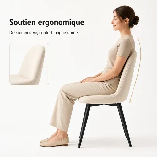 Chaise - Lot De 4 Chaises Salle à Manger, Pieds Métal , Tissu En Lin - 44x54x85 Cm - Beige