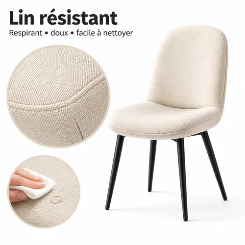 Chaise - Lot De 4 Chaises Salle à Manger, Pieds Métal , Tissu En Lin - 44x54x85 Cm - Beige