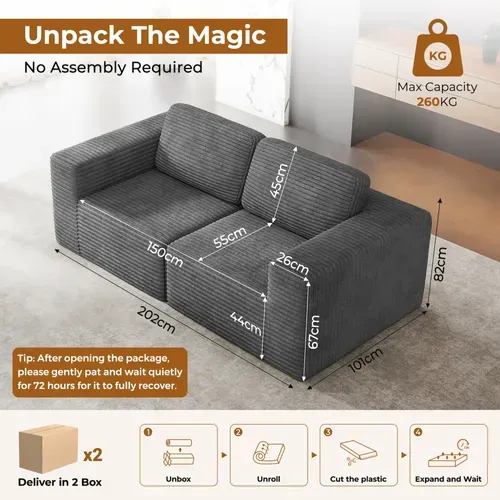 Canapé Compressé 2 Places En Velours Côtelé - Gris