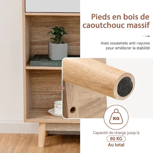 Bibliothèque à 4 Niveaux Avec 2 Portes, Meuble De Rangement Avec Patins Anti-rayures Blanc+naturel