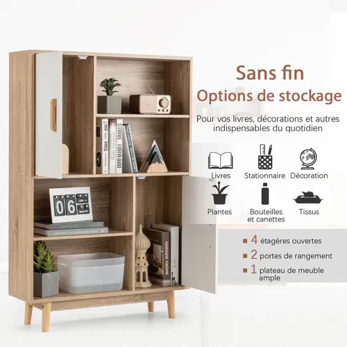 Bibliothèque à 4 Niveaux Avec 2 Portes, Meuble De Rangement Avec Patins Anti-rayures Blanc+naturel