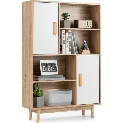 Bibliothèque à 4 Niveaux Avec 2 Portes, Meuble De Rangement Avec Patins Anti-rayures Blanc+naturel