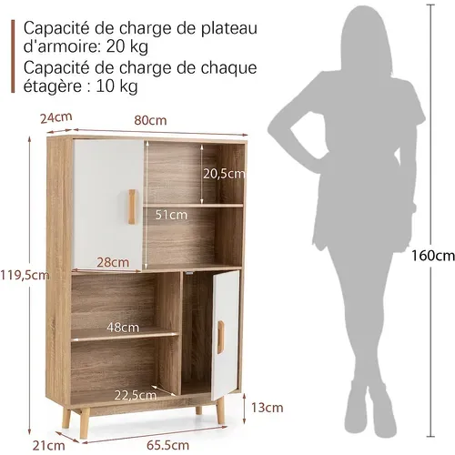 Bibliothèque à 4 Niveaux Avec 2 Portes, Meuble De Rangement Avec Patins Anti-rayures Blanc+naturel