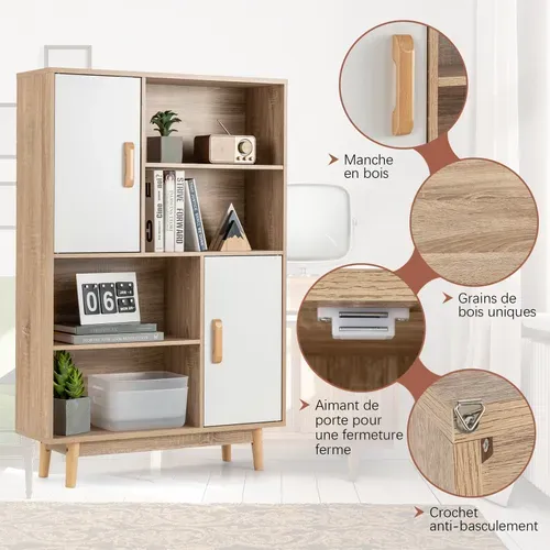 Bibliothèque à 4 Niveaux Avec 2 Portes, Meuble De Rangement Avec Patins Anti-rayures Blanc+naturel