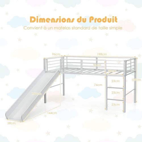 Lit Mezzanine 90x190 Cm En Métal Avec 4 Garde-corps De Sécurité,blanc