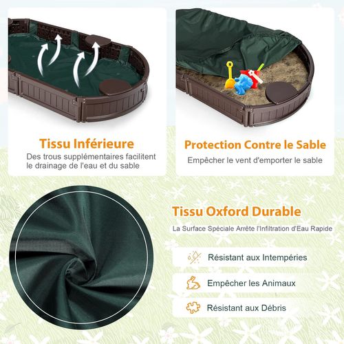 Bac à Sable Enfant Ovale 183x105x21 Cm En Plastique Avec Housse De Protection Marron