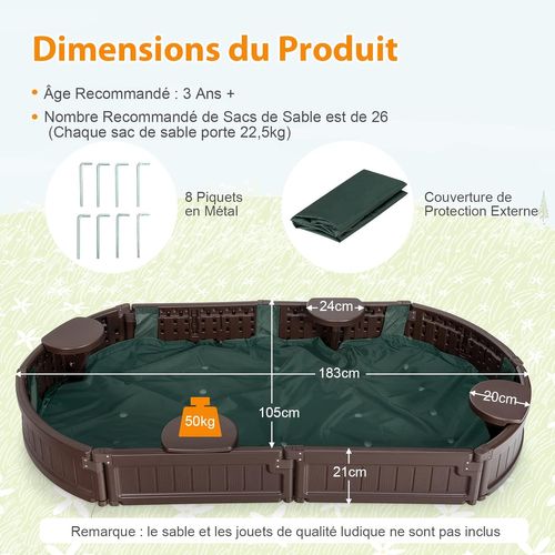 Bac à Sable Enfant Ovale 183x105x21 Cm En Plastique Avec Housse De Protection Marron