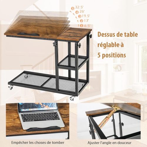 Table D'Appoint En Forme De C Rotation 360° - Hauteur Réglable Plateau Bois Naturel Pieds Blancs Moderne