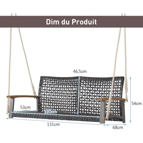 Balançoire à Suspendre En Plastique Pe, Dossier Incurvé Et Accoudoirs En Bois, Charge 360 Kg