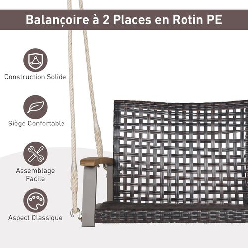 Balançoire à Suspendre En Plastique Pe, Dossier Incurvé Et Accoudoirs En Bois, Charge 360 Kg