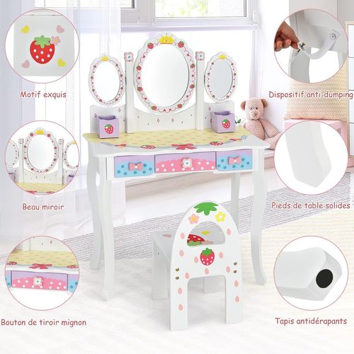 Coiffeuse Pour Enfants Avec Miroir Amovible - 3 Tiroirs - 2 Boîtes - Convertible Bureau, Blanc