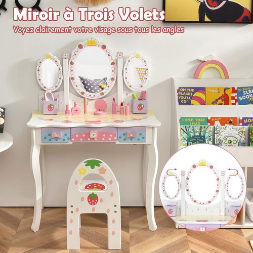Coiffeuse Pour Enfants Avec Miroir Amovible - 3 Tiroirs - 2 Boîtes - Convertible Bureau, Blanc