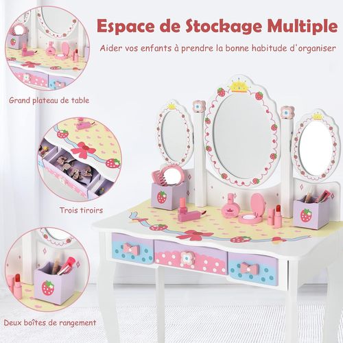 Coiffeuse Pour Enfants Avec Miroir Amovible - 3 Tiroirs - 2 Boîtes - Convertible Bureau, Blanc