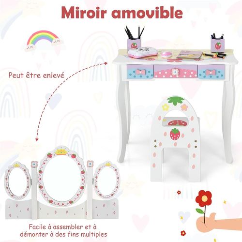 Coiffeuse Pour Enfants Avec Miroir Amovible - 3 Tiroirs - 2 Boîtes - Convertible Bureau, Blanc
