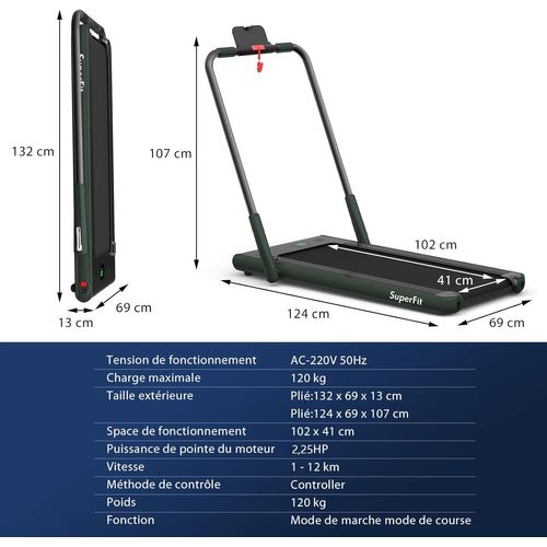 Tapis De Course Pliable 2 En 1/tapis Roulant Électrique Motorisé 1-12 Km/h Avec Application, Vert