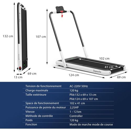 Tapis De Course Pliable 2 En 1/tapis Roulant Électrique Motorisé 1-12 Km/h Avec Application, Blanc