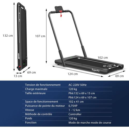 Tapis De Course Pliable 2 En 1/tapis Roulant Électrique Motorisé 1-12 Km/h - Noir