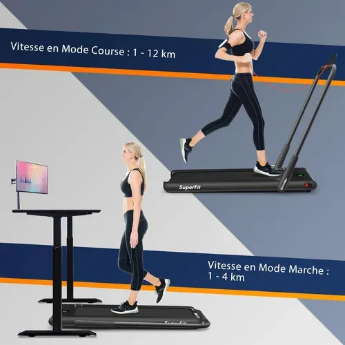 Tapis De Course Pliable 2 En 1/tapis Roulant Électrique Motorisé 1-12 Km/h - Noir