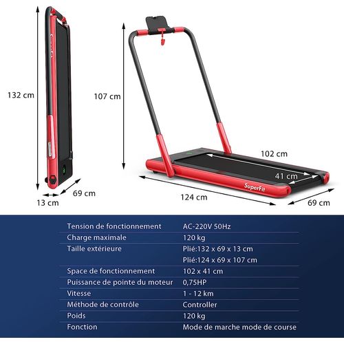 Tapis De Course Pliable 2 En 1/tapis Roulant Électrique Motorisé 1-12 Km/h Avec Application, Rouge