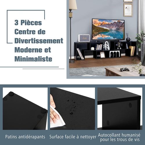 Meuble TV Moderne 3 Pièces Avec Étagère , Pour TV Jusqu’à 49 Pouces, 140x30x43cm, Noir