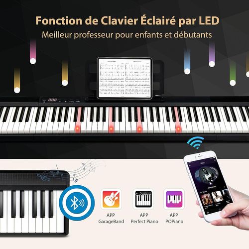 Clavier Numérique Piano 88 Touches Portable Avec Fonction Bluetooth Filtres Dynamique Réglable Noir