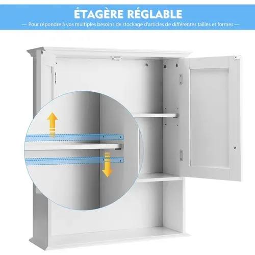 Meuble De Salle De Bain, Armoire Murale Avec 2 Portes Et 3 Étagères Réglables
