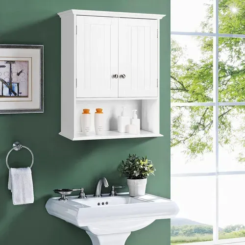 Meuble De Salle De Bain, Armoire Murale Avec 2 Portes Et 3 Étagères Réglables