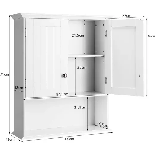 Meuble De Salle De Bain, Armoire Murale Avec 2 Portes Et 3 Étagères Réglables