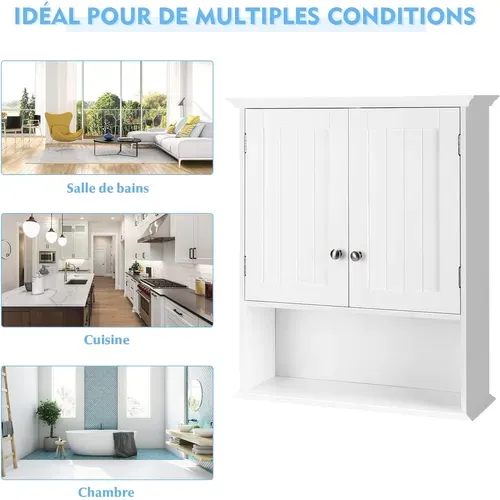 Meuble De Salle De Bain, Armoire Murale Avec 2 Portes Et 3 Étagères Réglables