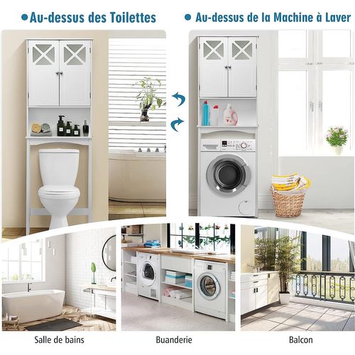Meuble De Rangement Salle De Bain AUVYI - Blanc 64x25,5x190 Cm - 2 Portes, 3 Étagères - Pour Toilettes