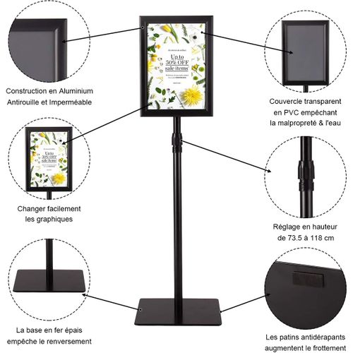 A4 Présentoir Stand Support D’affiche Sur Pied En Acier Inoxydable 73,5cm-118cm Noir