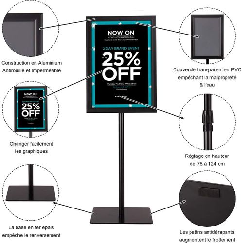 A3 Présentoir Stand Support D’affiche Sur Pied En Acier Inoxydable 78,5cm-123cm Noir