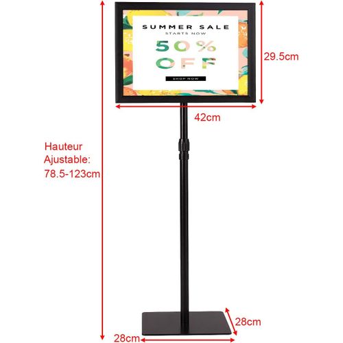 A3 Présentoir Stand Support D’affiche Sur Pied En Acier Inoxydable 78,5cm-123cm Noir