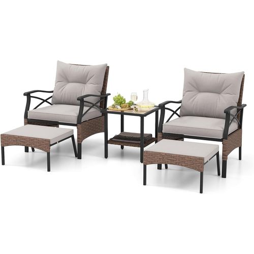 Ensemble De Meubles De Patio 5 Pièces, Salon De Jardin En Rotin Avec 2 Chaises 2 Poufs Et 1 Table