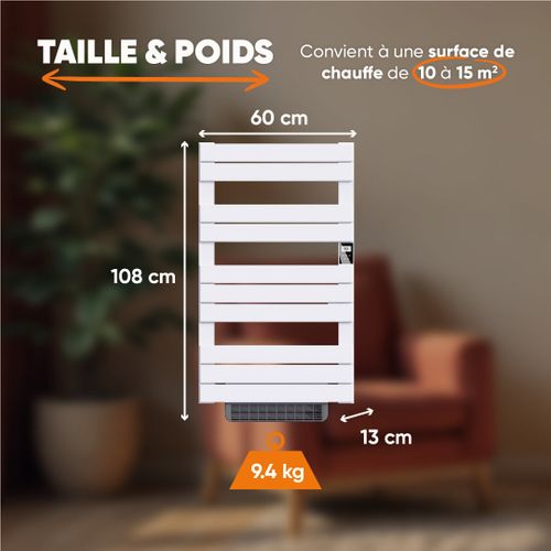 Sèche-serviette électrique Sans Fluide Avec Soufflerie 500w+1000w H.108,4xl60cm Hanae Blanc