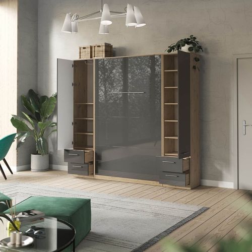 Lit Escamotable +2 Placards V 140x200+(50x2)cm Standard Chêne Sauvage/anthracite Brillant