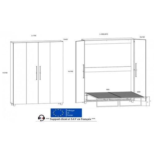 Armoire Lit Escamotable Vertical 160x200 Cm Or Artisan Avec Porte Lit Rabattable Lit Mural Todor