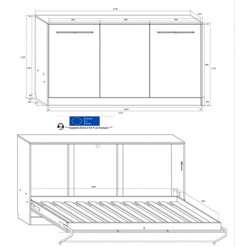 Armoire Lit Escamotable Horizontal 90x200 Cm Sonoma Bleu Lit Rabattable Lit Mural Roddy