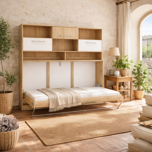 Armoire Lit Escamotable Horizontal 90x200 Avec Étagères Sonoma Blanc Lit Rabattable Lit Mural Roddy