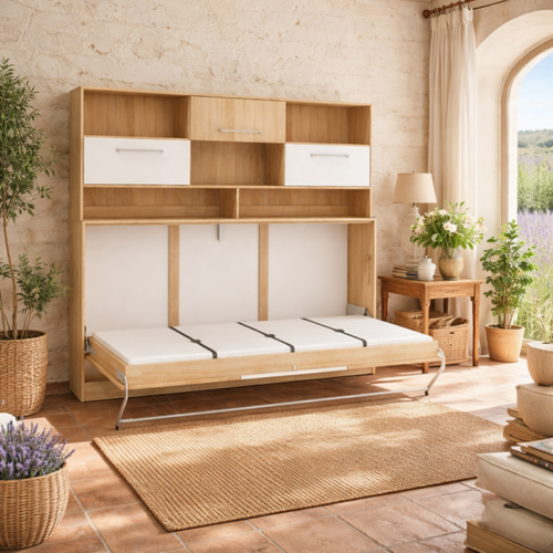 Armoire Lit Escamotable Horizontal 90x200 Avec Étagères Sonoma Blanc Lit Rabattable Lit Mural Roddy