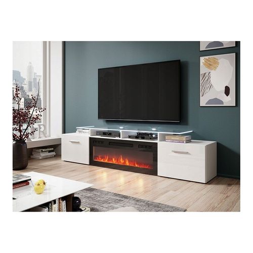 Meuble TV Blanc Brillant 190x49x37cm Avec Cheminée Chauffante Intégrée Roxa à Poser