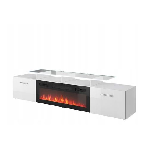 Meuble TV Blanc Brillant 190x49x37cm Avec Cheminée Chauffante Intégrée Roxa à Poser