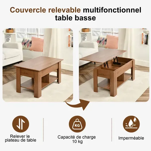 Urban Meuble Table basse relevable effet bois et marron 96x50 cm
