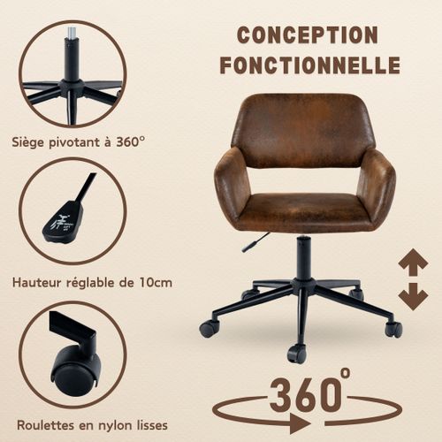Chaise De Bureau Vintage En Tissu Suède Réglable Et 5 Roulettes