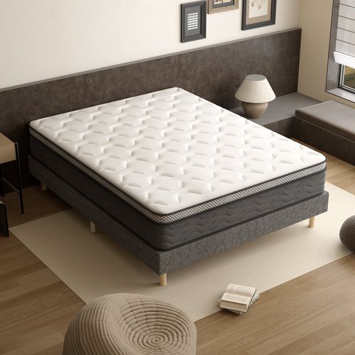 Ensemble Matelas Ressorts Ensachés 160x200cm Epaisseur 30cm, 9Pieds Fournis + Sommier Tapissier Gris