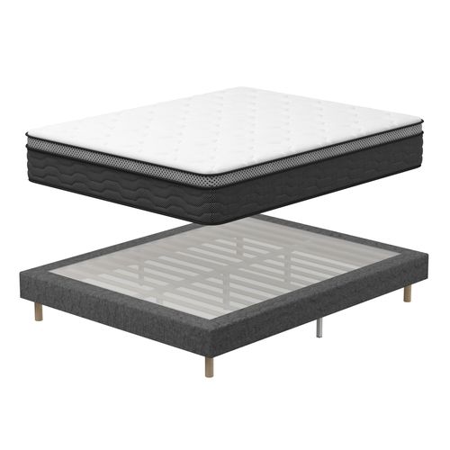 Ensemble Matelas Ressorts Ensachés 160x200cm Epaisseur 30cm, 9Pieds Fournis + Sommier Tapissier Gris