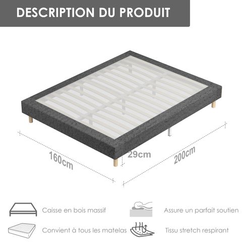Ensemble Matelas Ressorts Ensachés 160x200cm Epaisseur 30cm, 9Pieds Fournis + Sommier Tapissier Gris