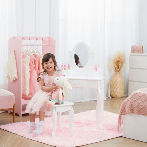 DREAMADE Coiffeuse Princesse Avec Miroir Amovible Et Tabouret, Ensemble De Vanité Table De Maquillage Pour Enfants Fille, Rosé - Maison