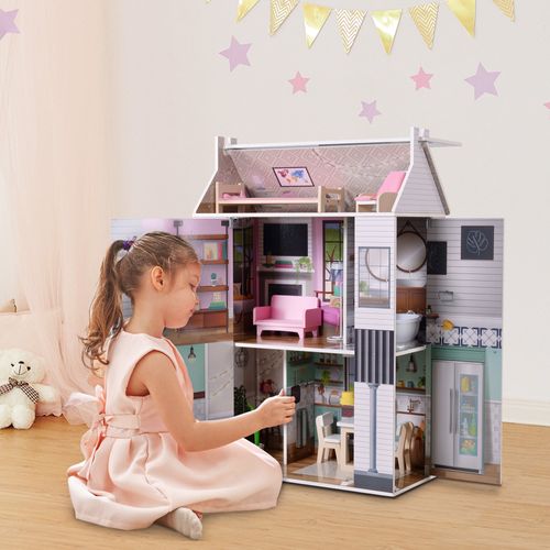 Maison De Poupée En Bois Enfant 3 Étages Avec 13 Accessoires